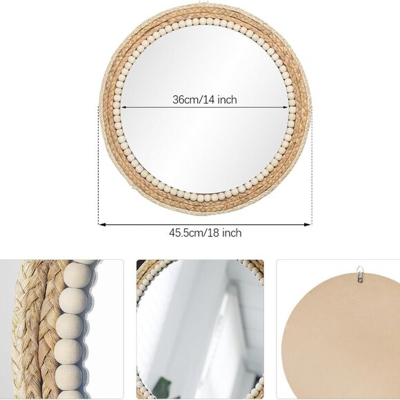 18 Inch Boho Round Hanging Wall Mirror Decorative Rattan Circle Mirrors for Farm - Picture 3 of 7